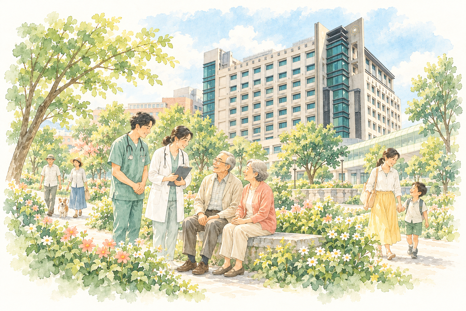 原創水彩插畫：中山醫學大學附設醫院大慶院區建築前，醫護與長輩及親子在綠意中交流